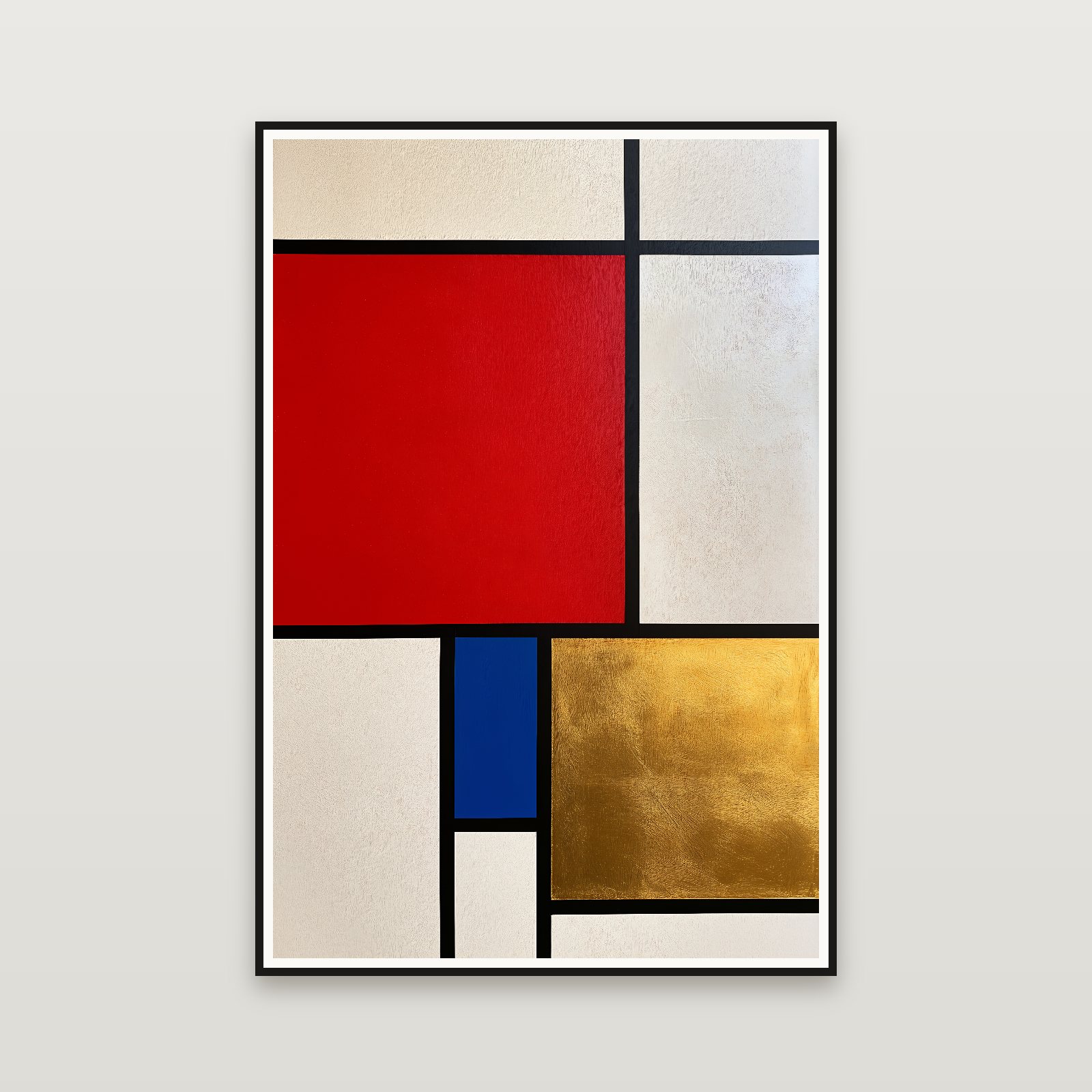 Composition in Red, Blue & Gold — framed on a wall