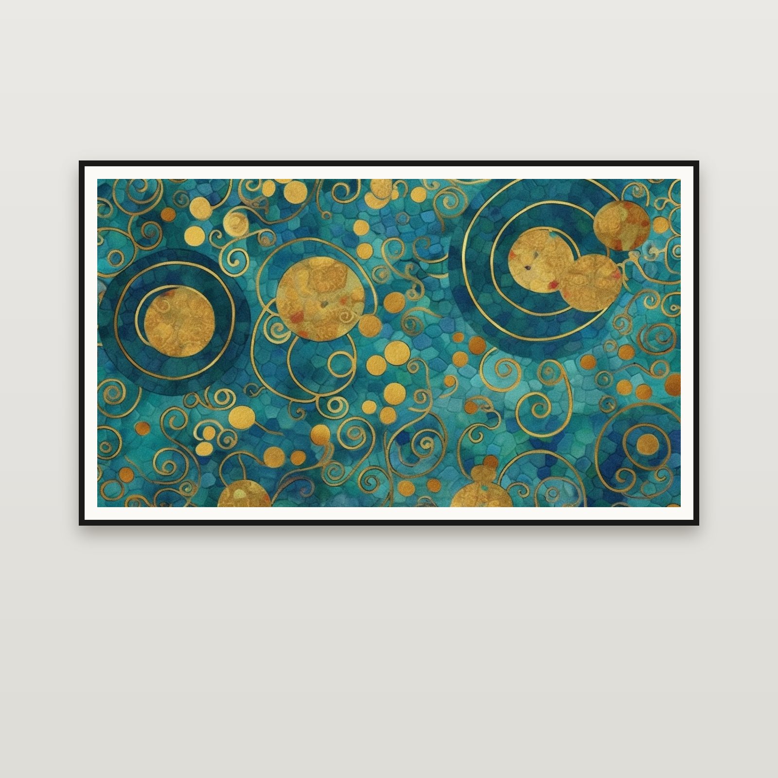 Gold Moons on Teal — emoldurada na parede