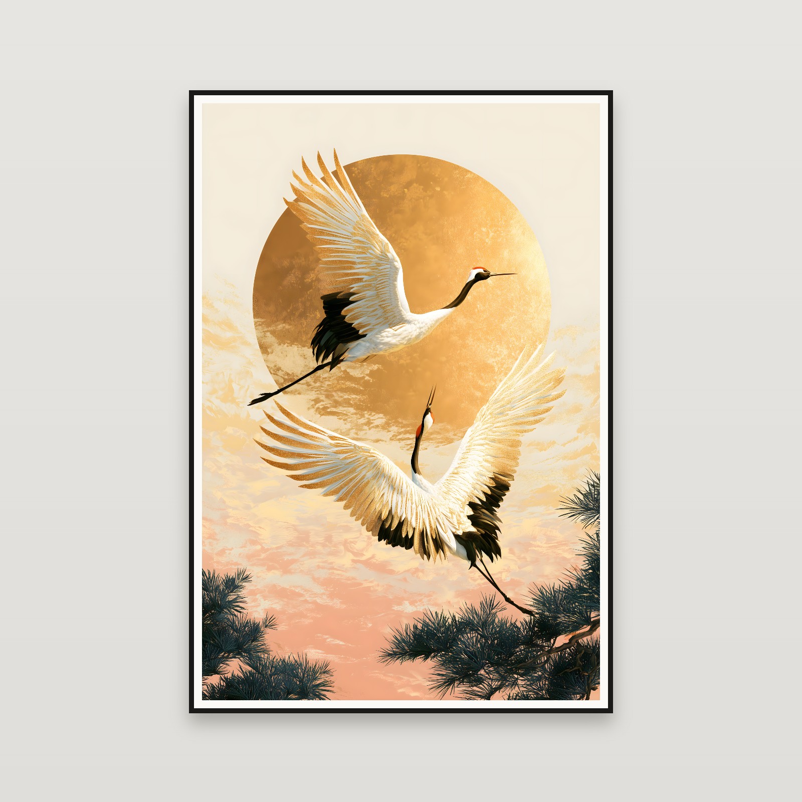 Golden Cranes at Sunrise — emoldurada na parede