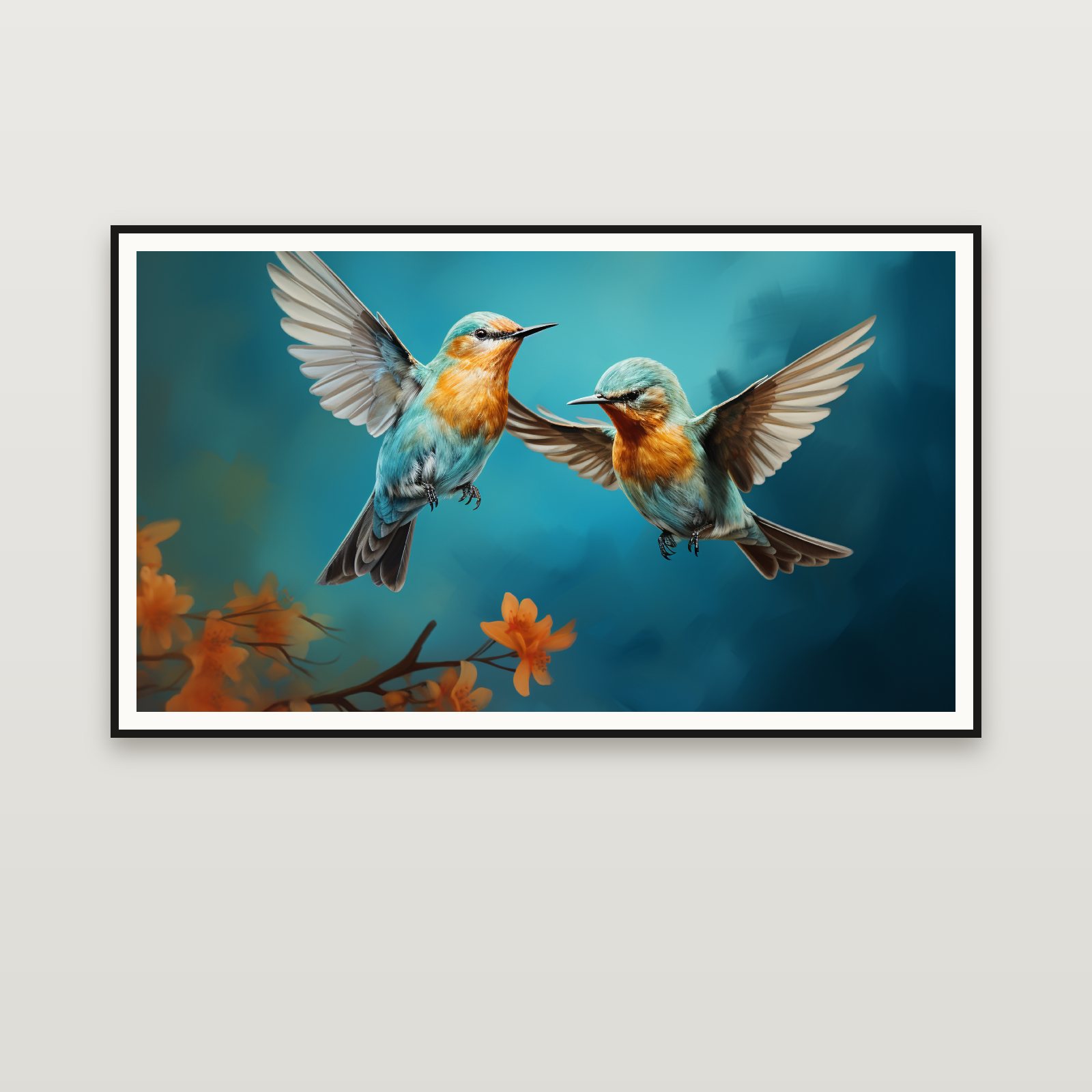 Hummingbirds at Dusk — framed on a wall