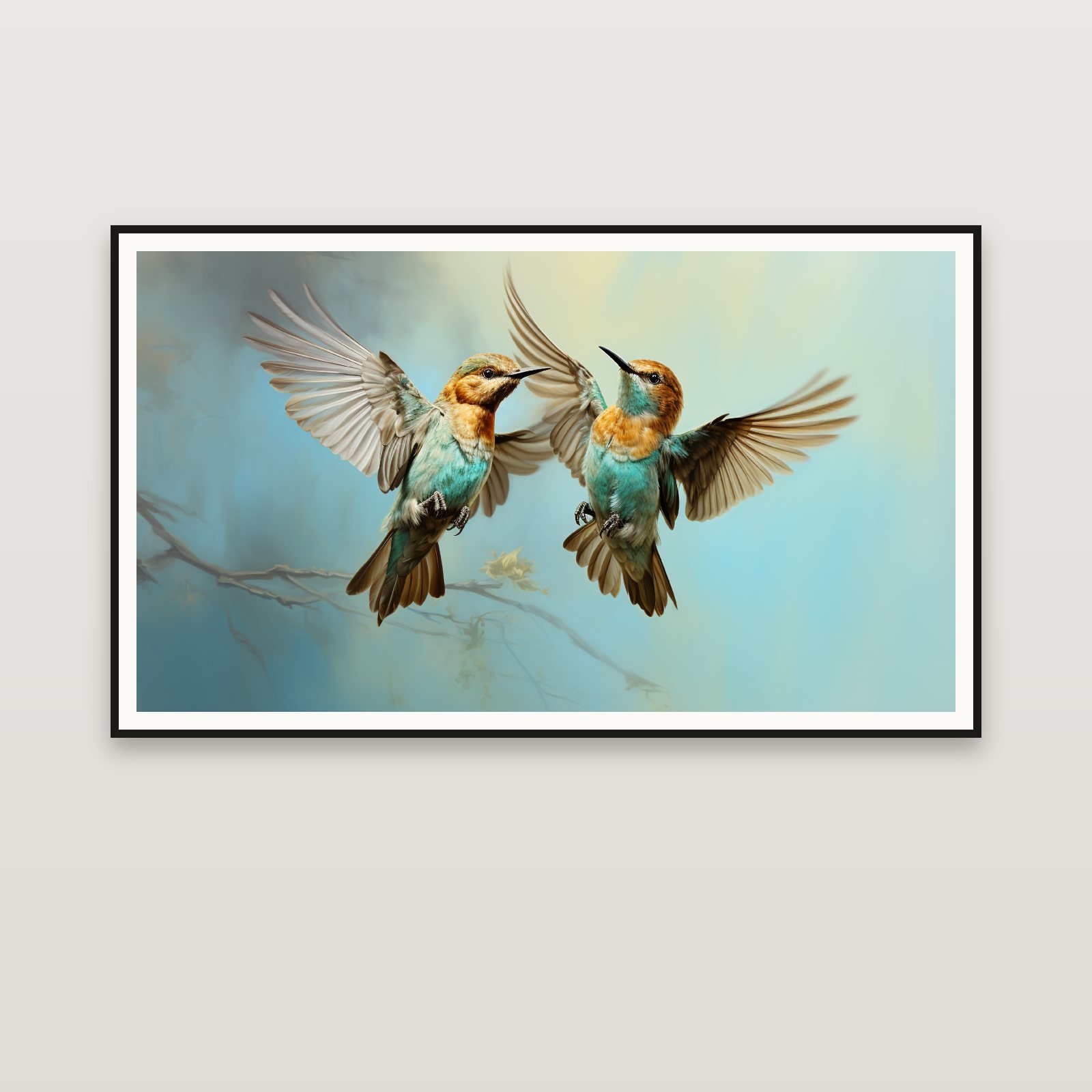 Hummingbirds in the Morning Mist — enmarcada en la pared