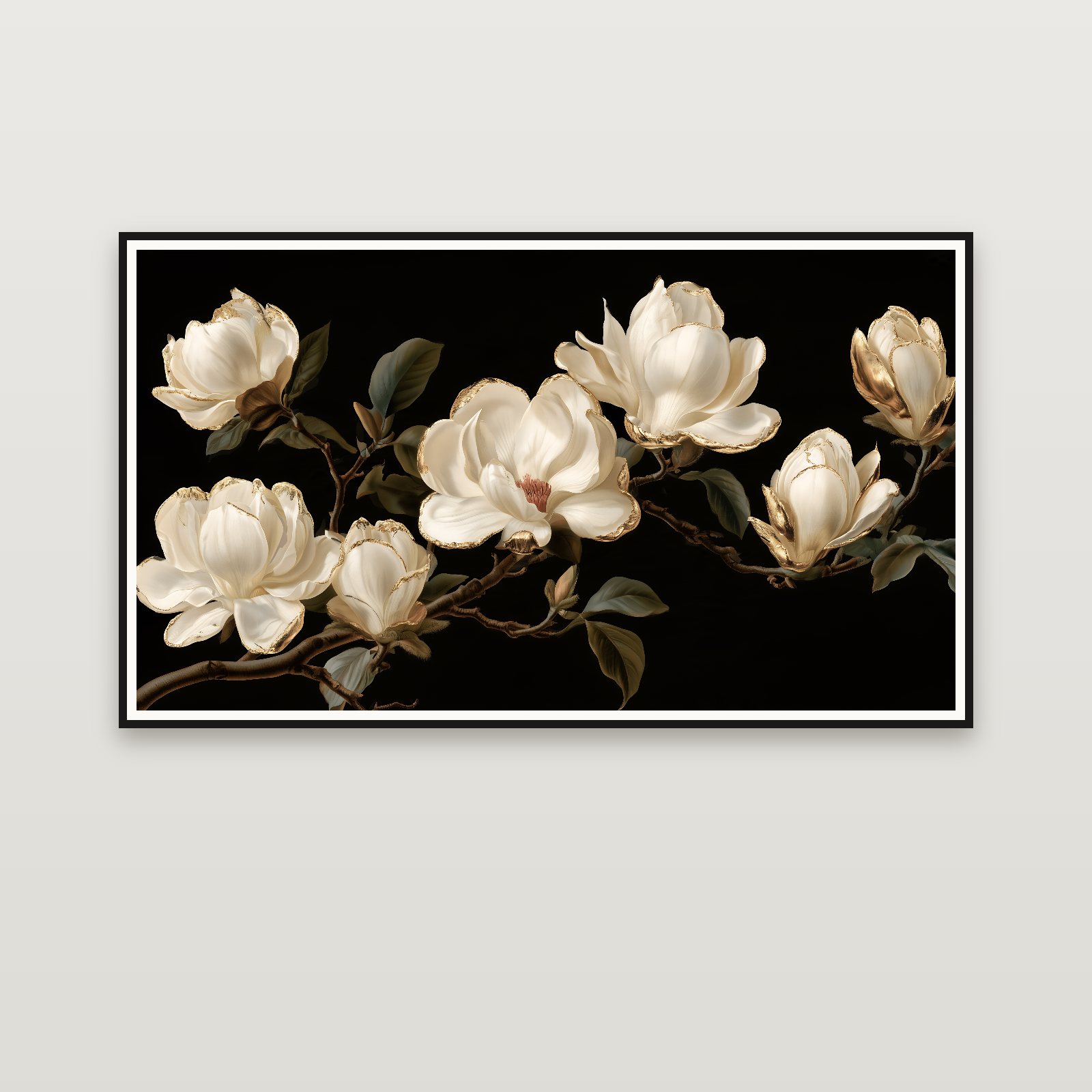 Magnolia Branch on Black — framed on a wall