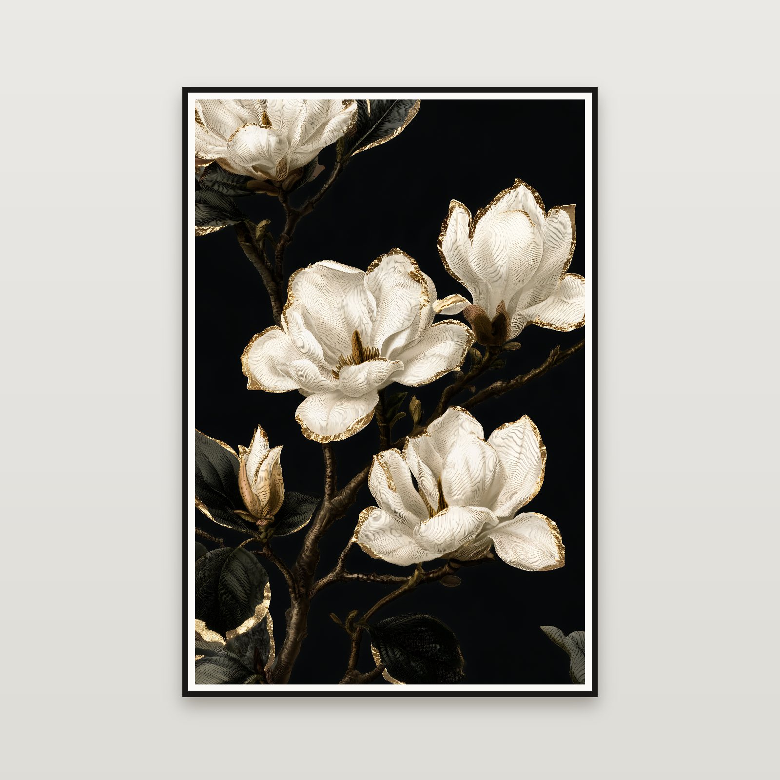 Magnolia in Black and Gold — gerahmt an der Wand