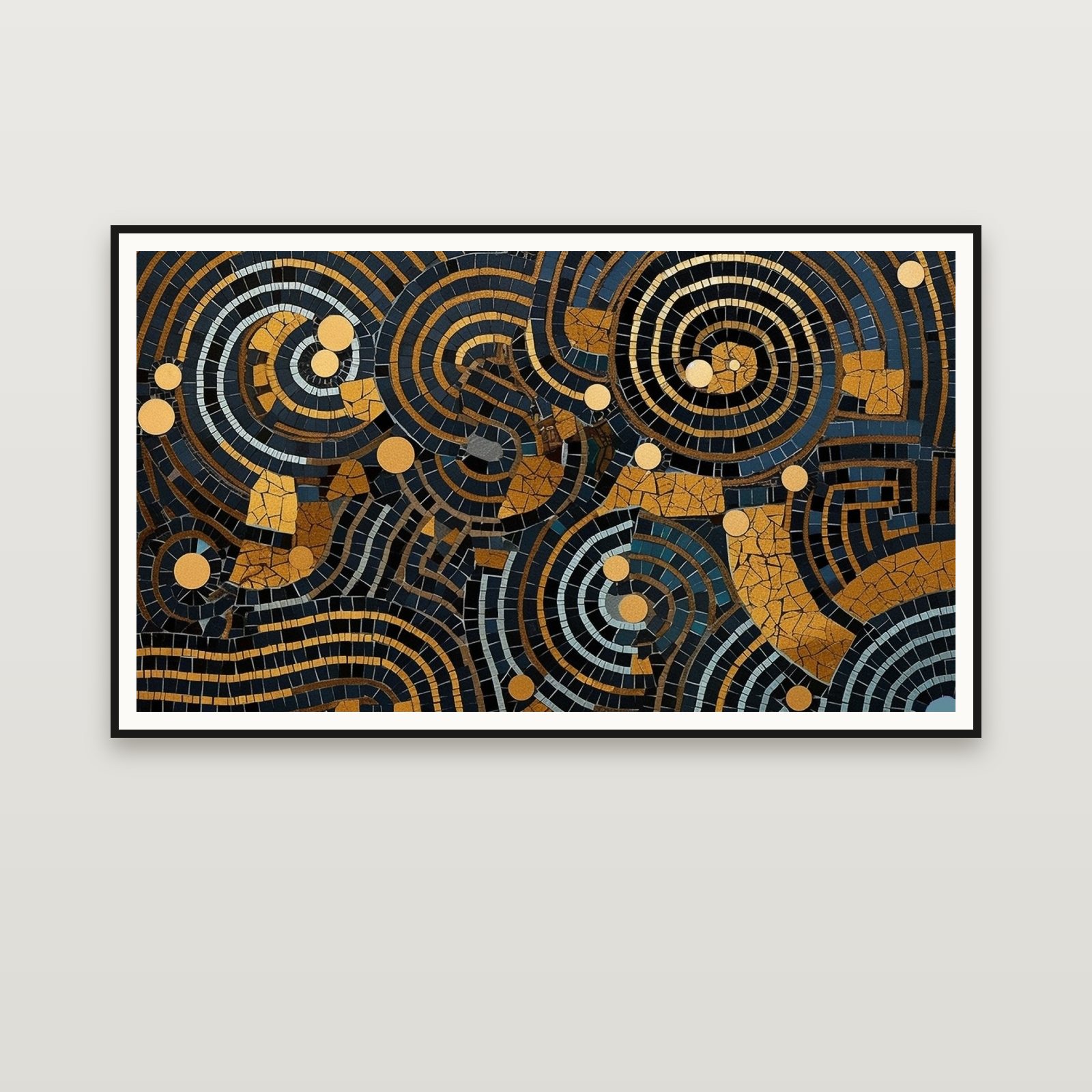 Midnight Mosaic Spirals — framed on a wall