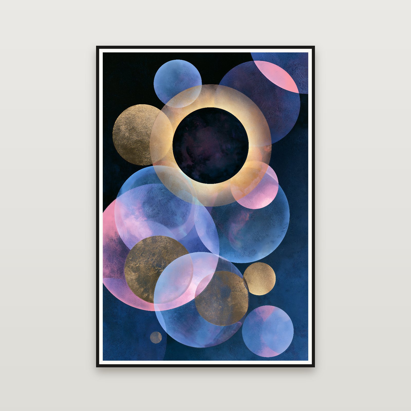 Several Circles in Gold — framed on a wall
