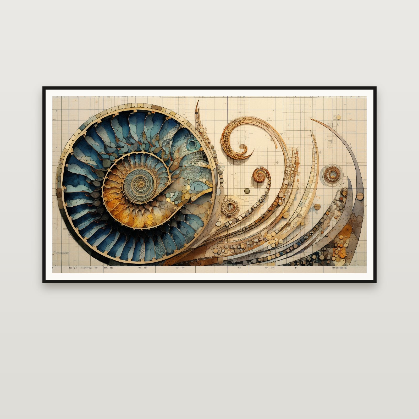 The Blue Nautilus Blueprint — framed on a wall