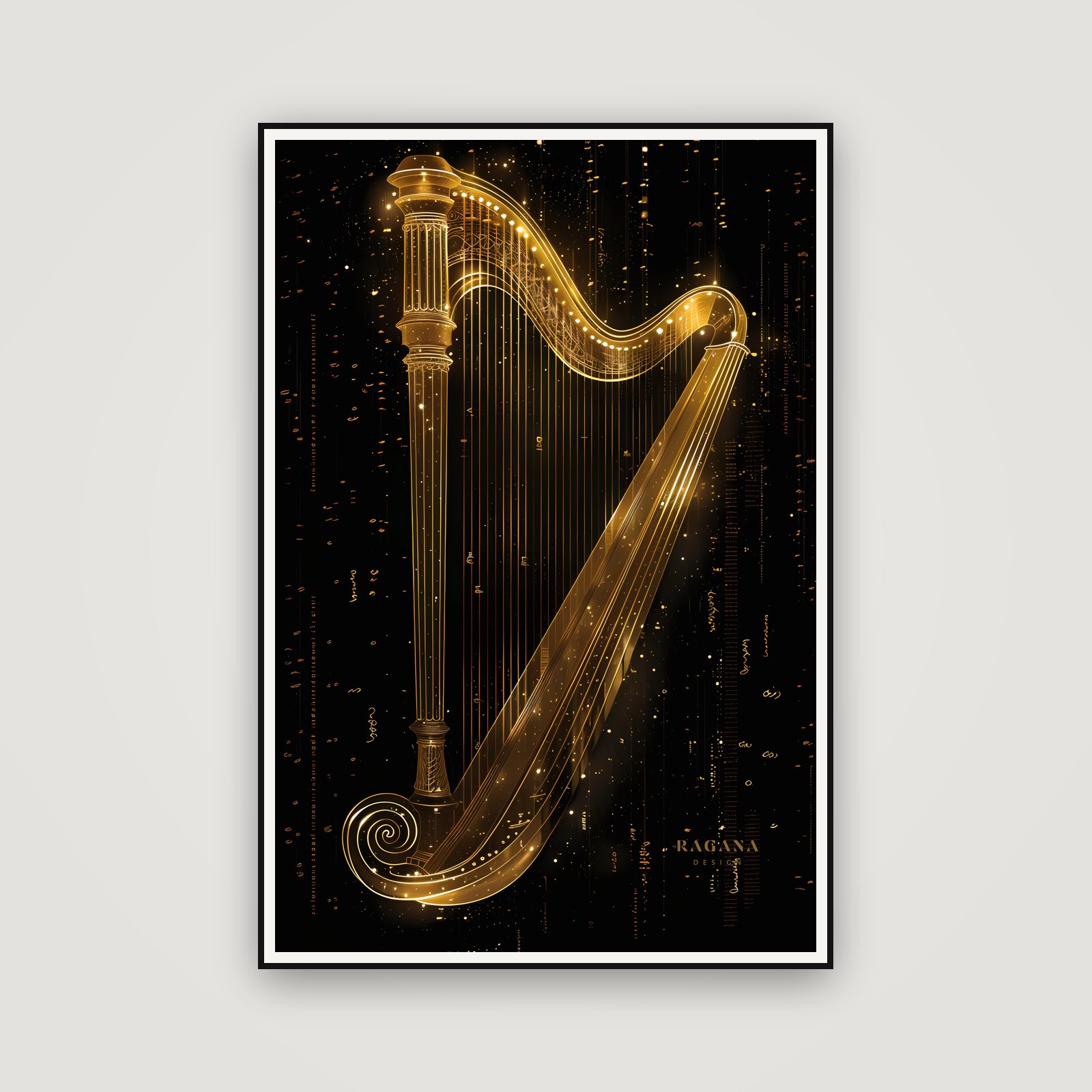 The Ethereal Golden Harp — emoldurada na parede