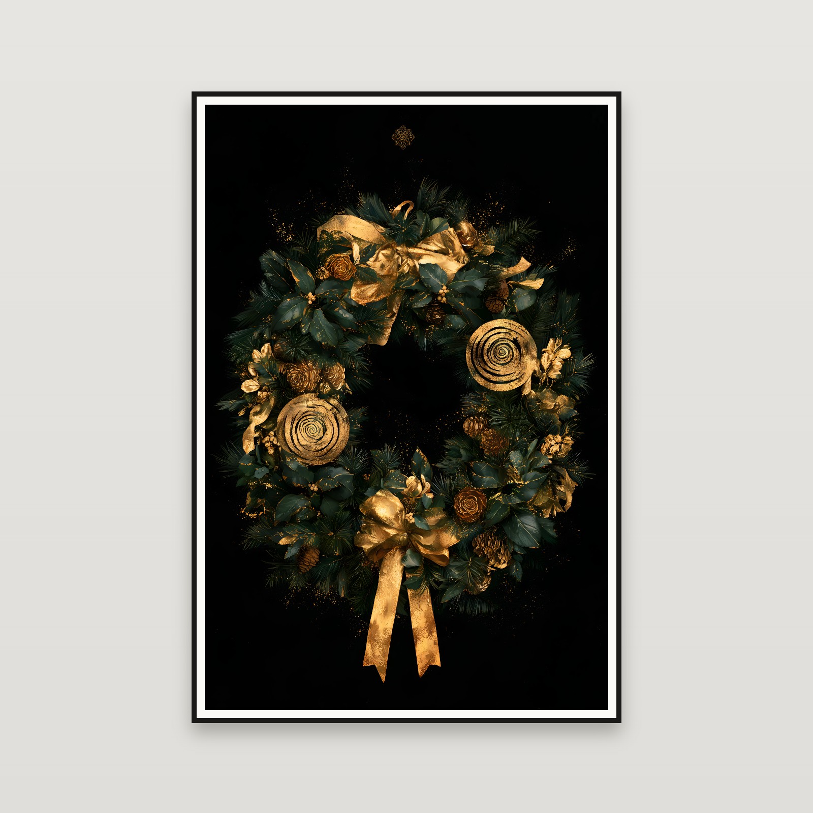 The Golden Christmas Wreath — framed on a wall