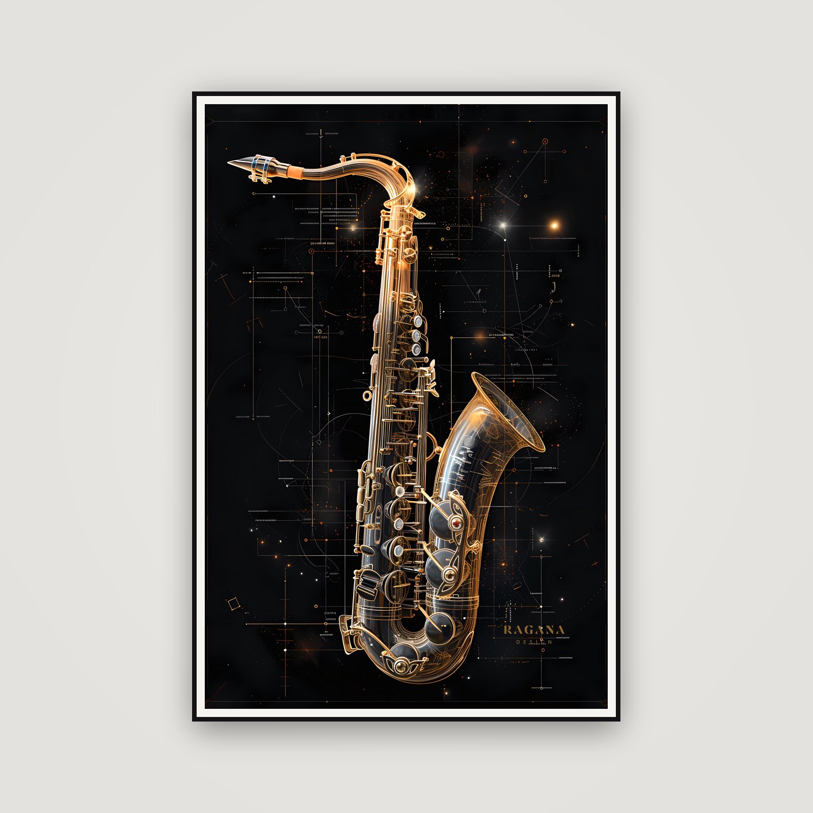 The Golden Saxophone — emoldurada na parede