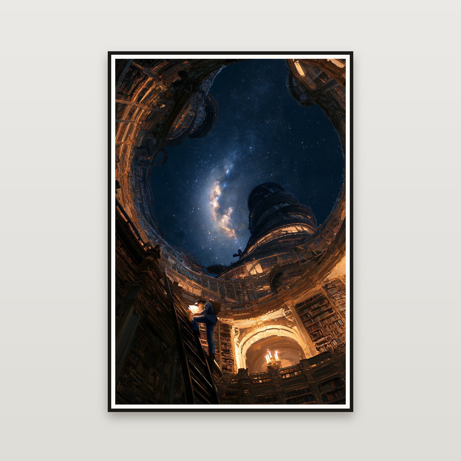 The Starlit Library — framed on a wall