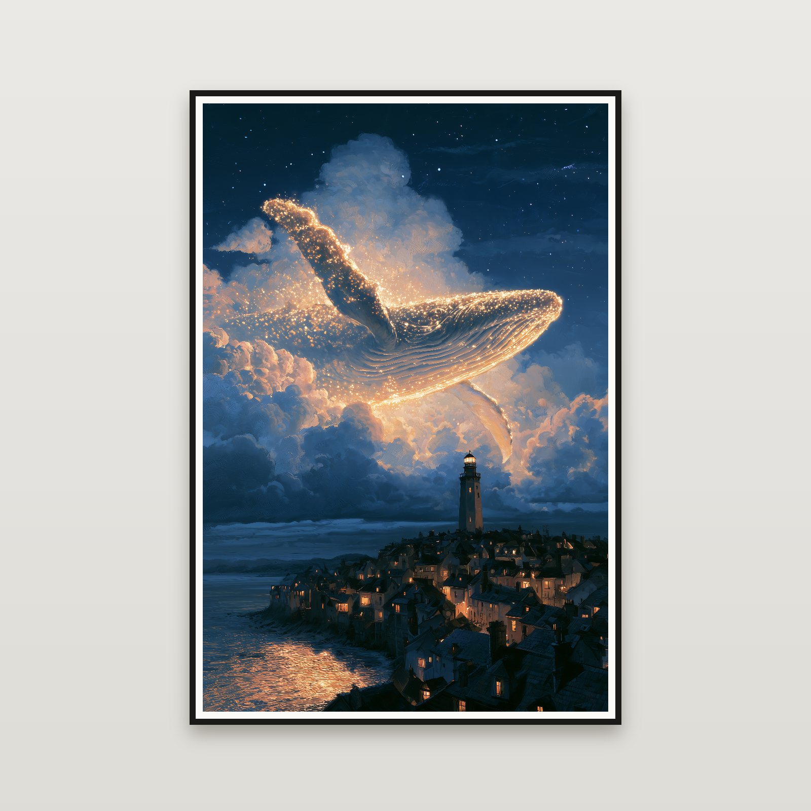The Whale over the Lighthouse — emoldurada na parede