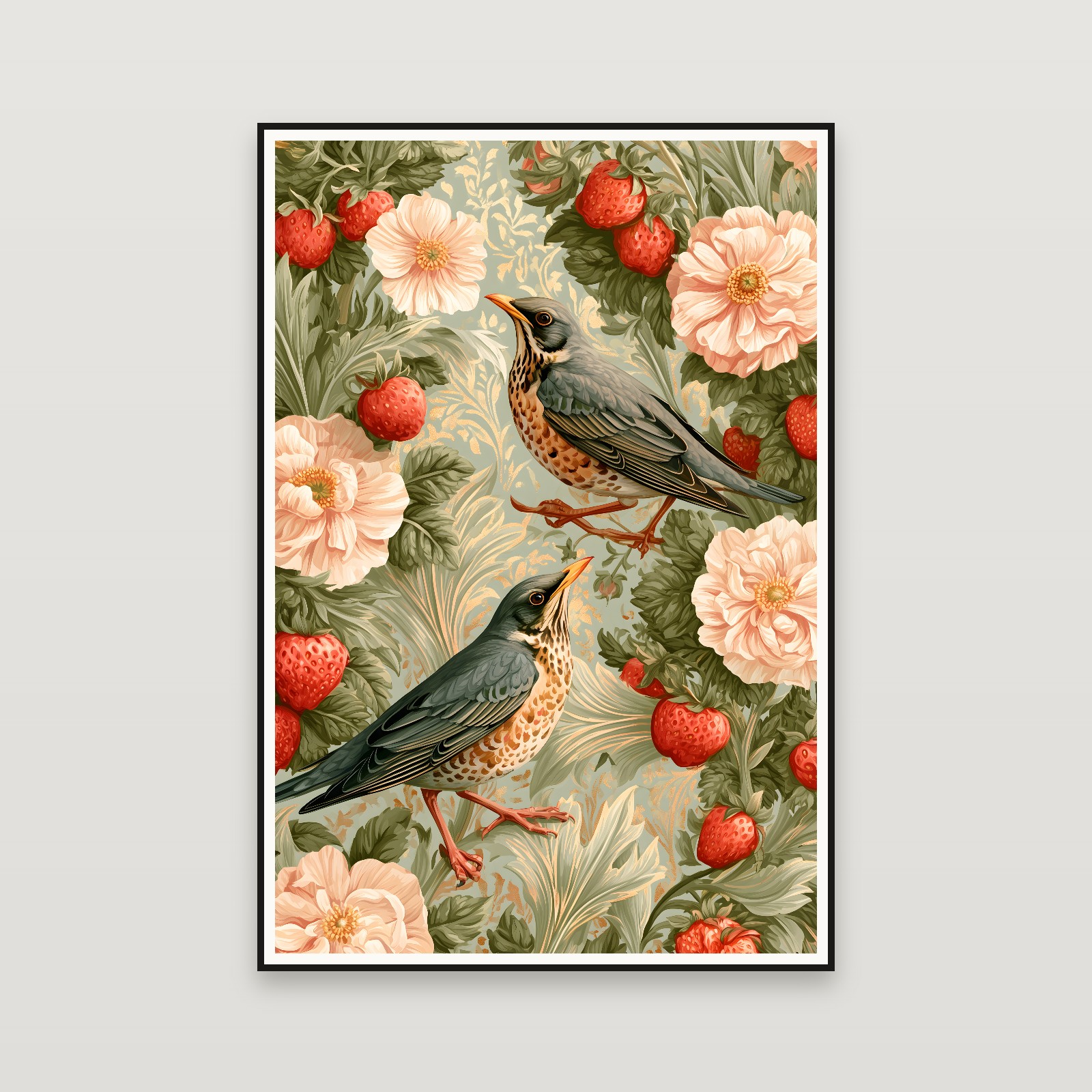 Thrushes and Peonies — emoldurada na parede