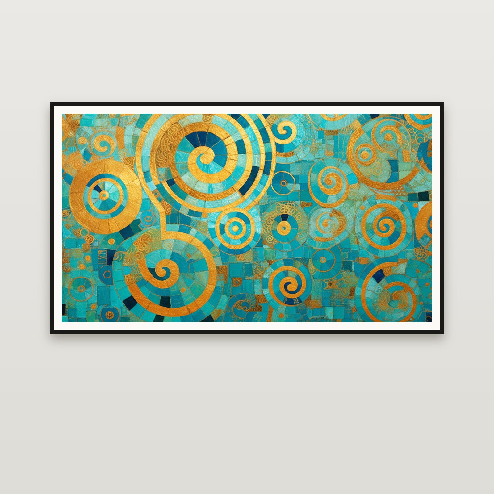 Turquoise Spirals in Gold — framed on a wall