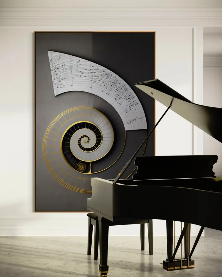 Musical Notes Fibonacci di RAGANA Design accanto a un pianoforte a coda nel bar dell’hotel