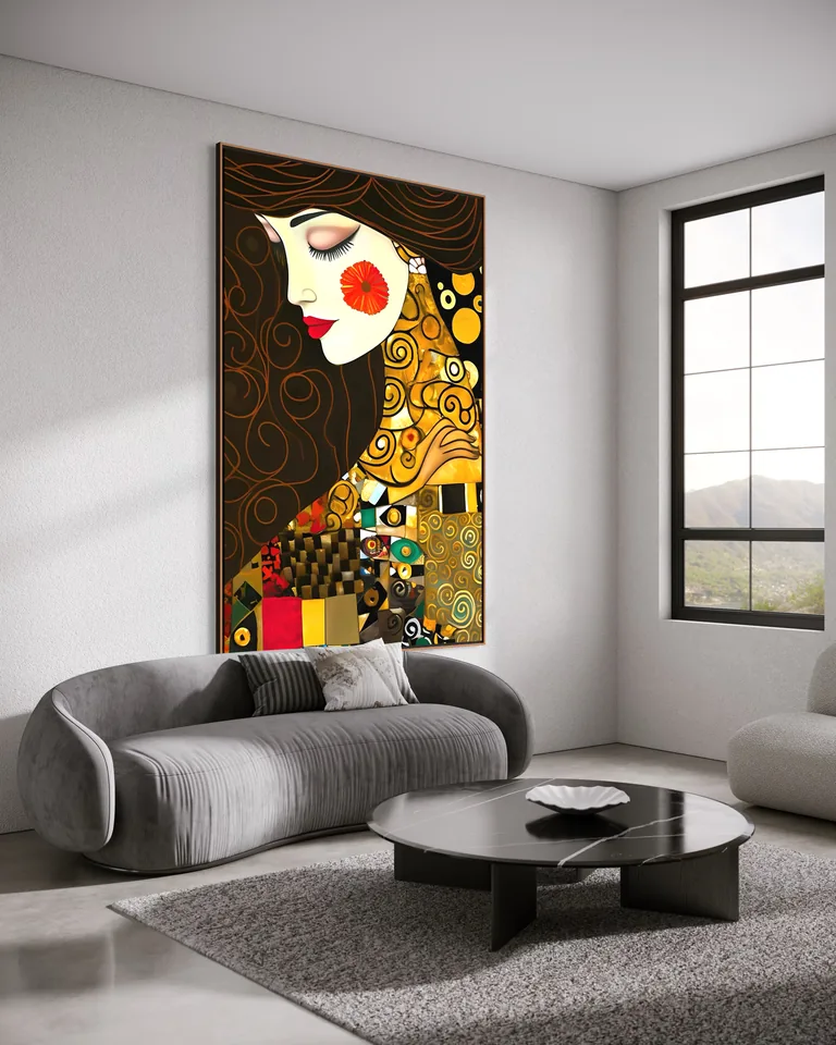 The Threshold of Grace by RAGANA Design in a grey living room — Klimt reimagined wall art