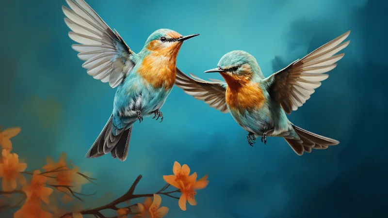 Hummingbirds at Dusk — Hummingbird Wall Art in Teal and Amber, 4K TV art 3840 × 2160
