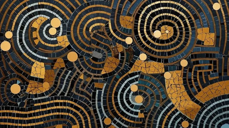 Midnight Mosaic Spirals — Blue and Gold Mosaic Wall Art, 4K TV art 3840 × 2160