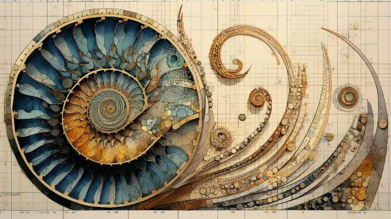 The Blue Nautilus Blueprint — Golden Spiral Art in Blue and Gold, 4K TV art 3840 × 2160
