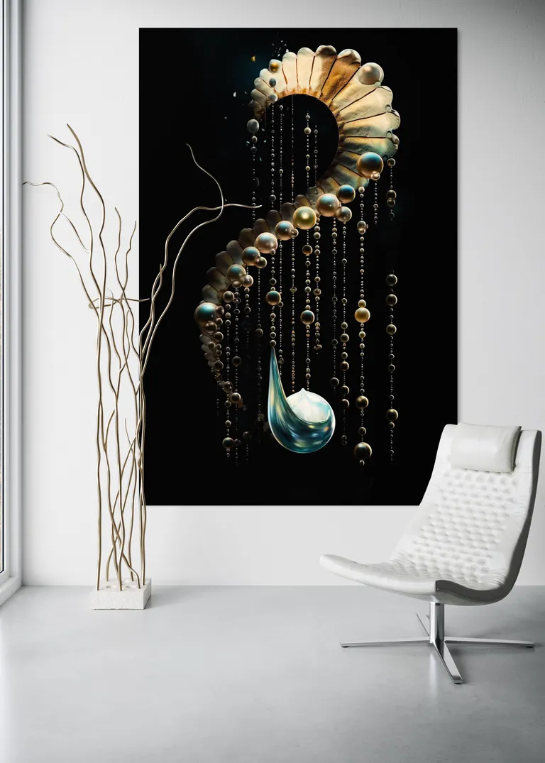 The Alchemist's Tear as a framed print on a white wall – pearl wall art, nautilus shell print by RAGANA Design