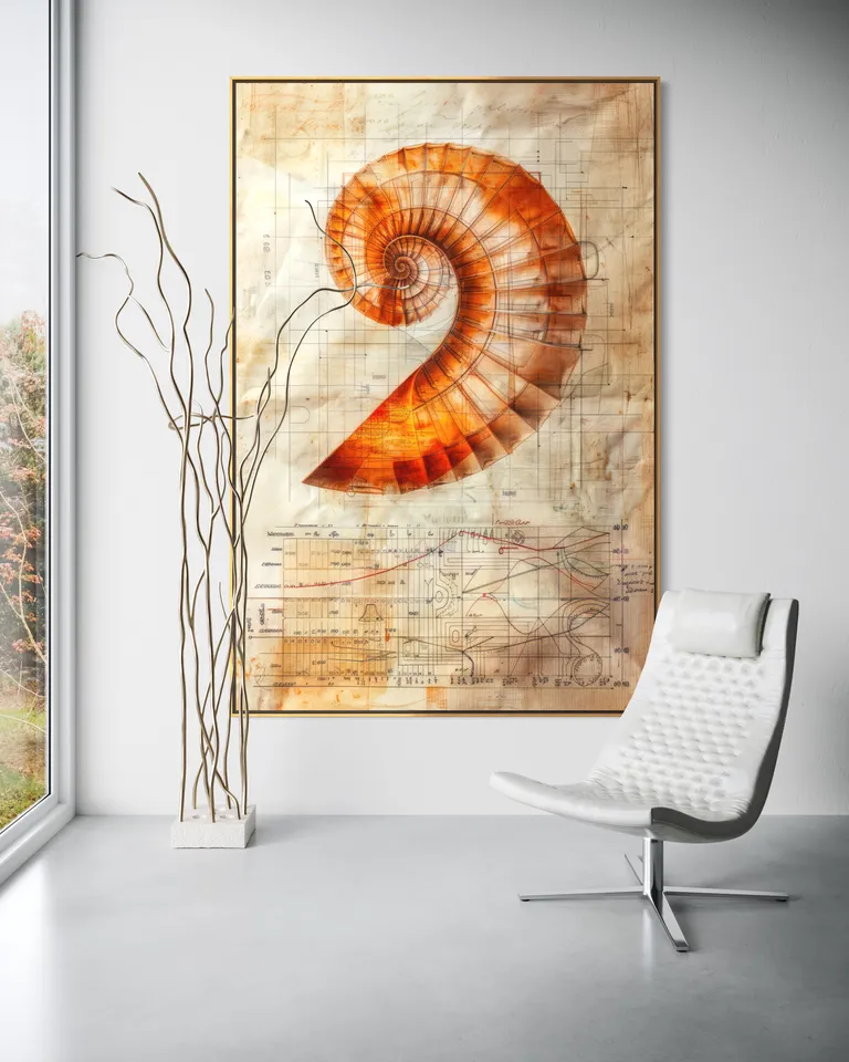 The Amber Schematic of Evolution as a framed print on a white wall – nautilus shell art, shell wall art print by RAGANA Design