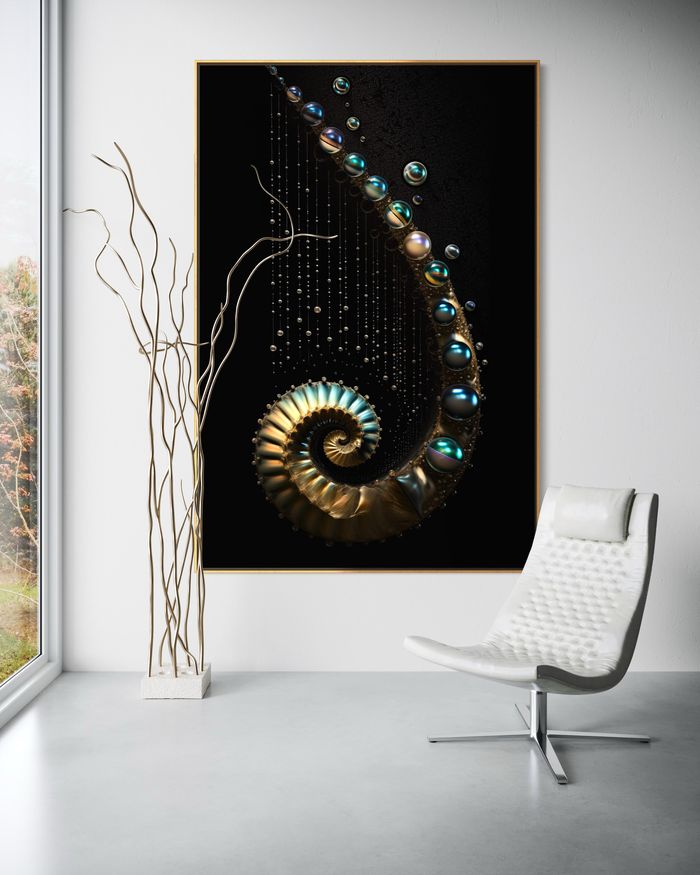 白い壁に額装したThe Arch of Awe – RAGANA Designのパール ウォールアート・オウムガイ プリント