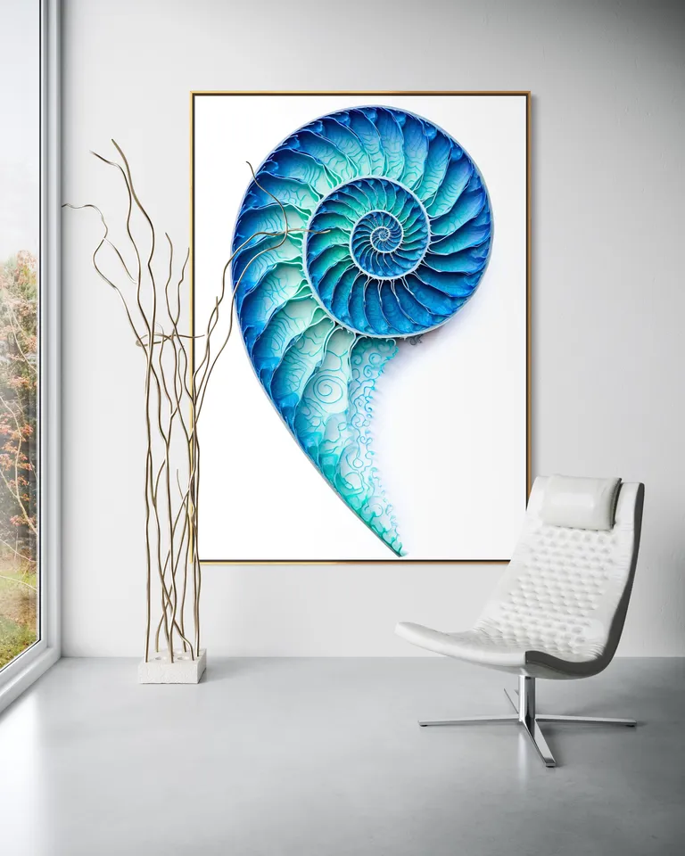 The Azure Crest of Fluidity as a framed print on a white wall – nautilus shell art, shell wall art print by RAGANA Design