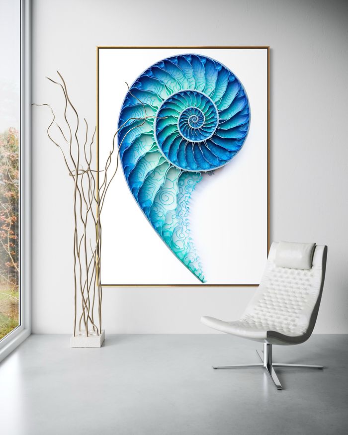 The Azure Crest of Fluidity en tirage encadré sur un mur blanc – tableau nautile, affiche coquillage par RAGANA Design