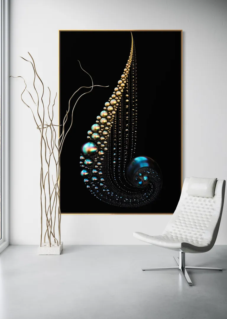 The Celestial Current as a framed print on a white wall – pearl wall art, nautilus shell print by RAGANA Design