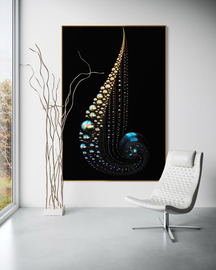 The Celestial Current als gerahmter Kunstdruck an einer weißen Wand – Perlmutt Wandbild, Nautilus Bild von RAGANA Design