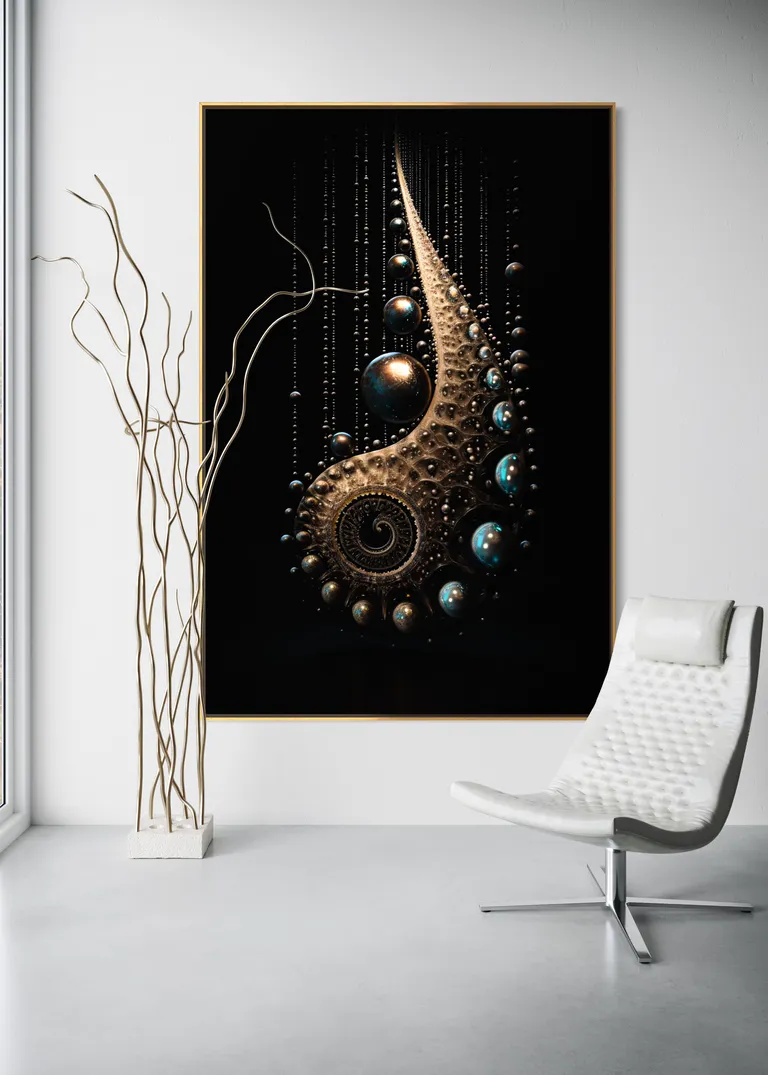 The Celestial Forge as a framed print on a white wall – pearl wall art, nautilus shell print by RAGANA Design