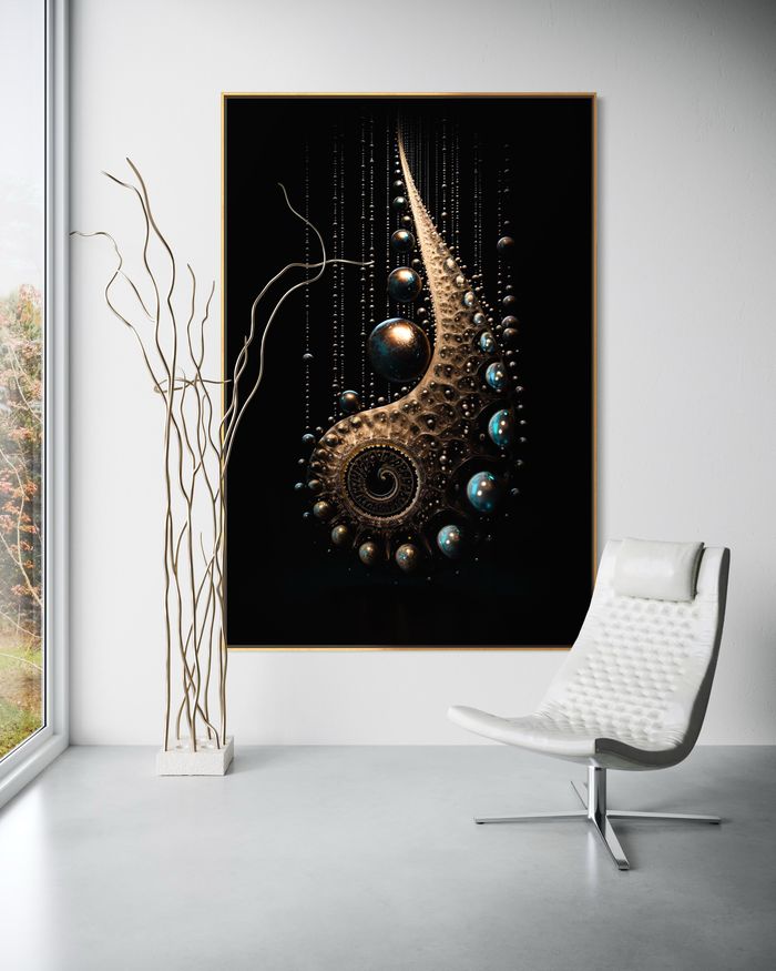 The Celestial Forge as a framed print on a white wall – pearl wall art, nautilus shell print by RAGANA Design