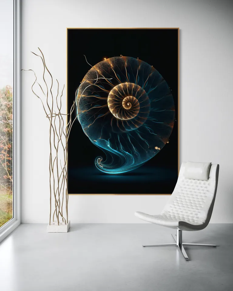 The Celestial Nautilus as a framed print on a white wall – nautilus shell art, shell wall art print by RAGANA Design