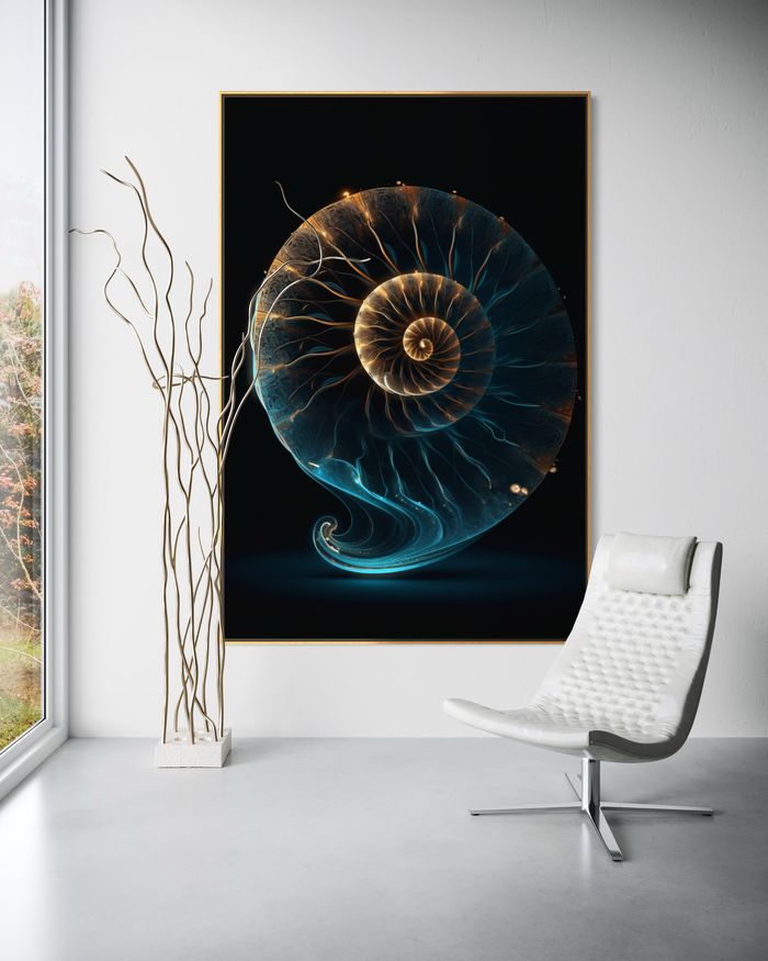 The Celestial Nautilus als gerahmter Kunstdruck an einer weißen Wand – Nautilus Bild, Goldener Schnitt Wandbild von RAGANA Design