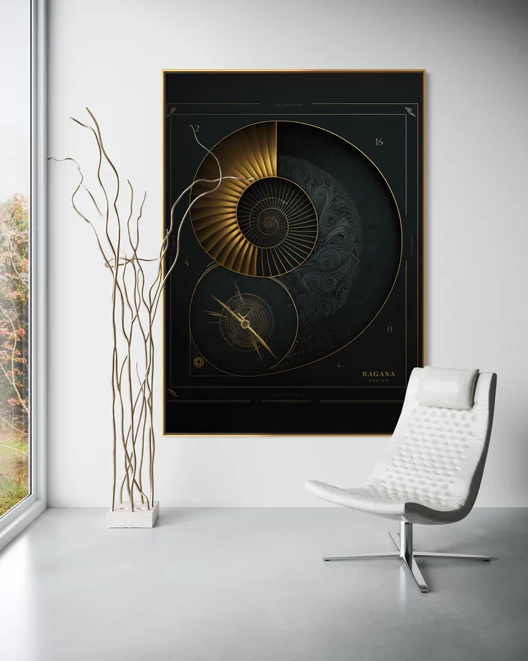 The Chronos Compass as a framed print on a white wall – gold wall art, golden spiral art print by RAGANA Design