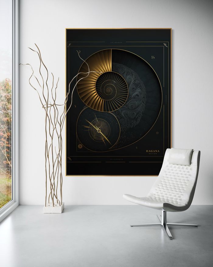 The Chronos Compass as a framed print on a white wall – gold wall art, golden spiral art print by RAGANA Design