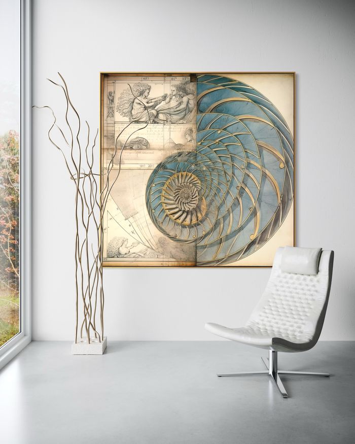 The Codex Nautilus as a framed print on a white wall – golden ratio poster, Da Vinci style nautilus print by RAGANA Design