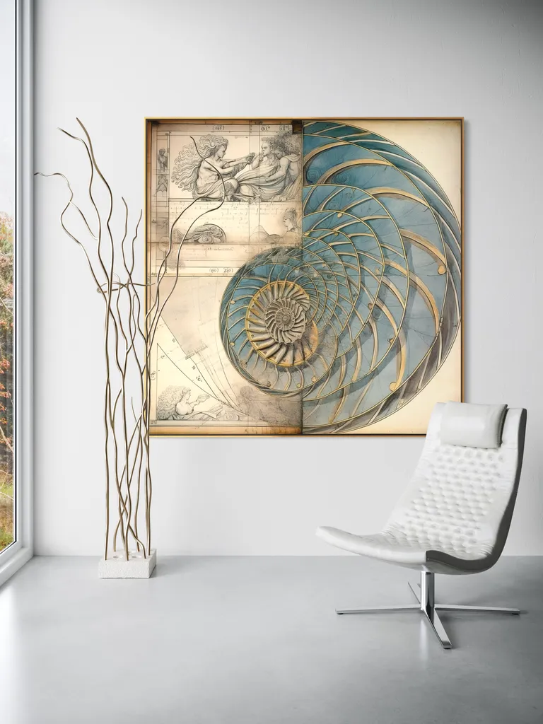 The Codex Nautilus as a framed print on a white wall – golden ratio poster, Da Vinci style nautilus print by RAGANA Design