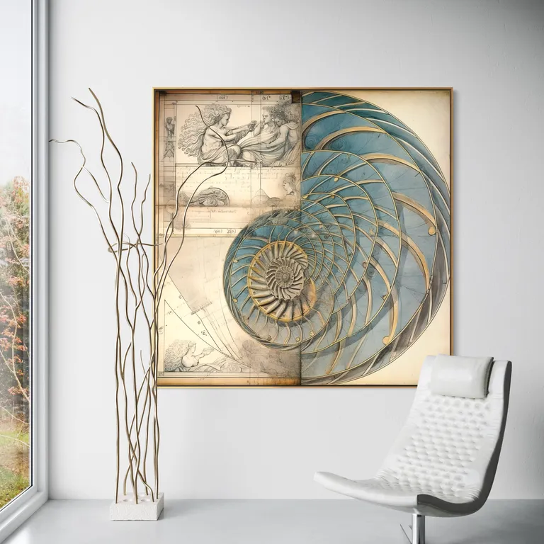 The Codex Nautilus as a framed print on a white wall – golden ratio poster, Da Vinci style nautilus print by RAGANA Design