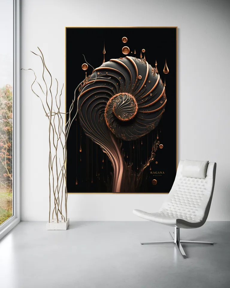 The Copper Vortex as a framed print on a white wall – nautilus shell art, shell wall art print by RAGANA Design