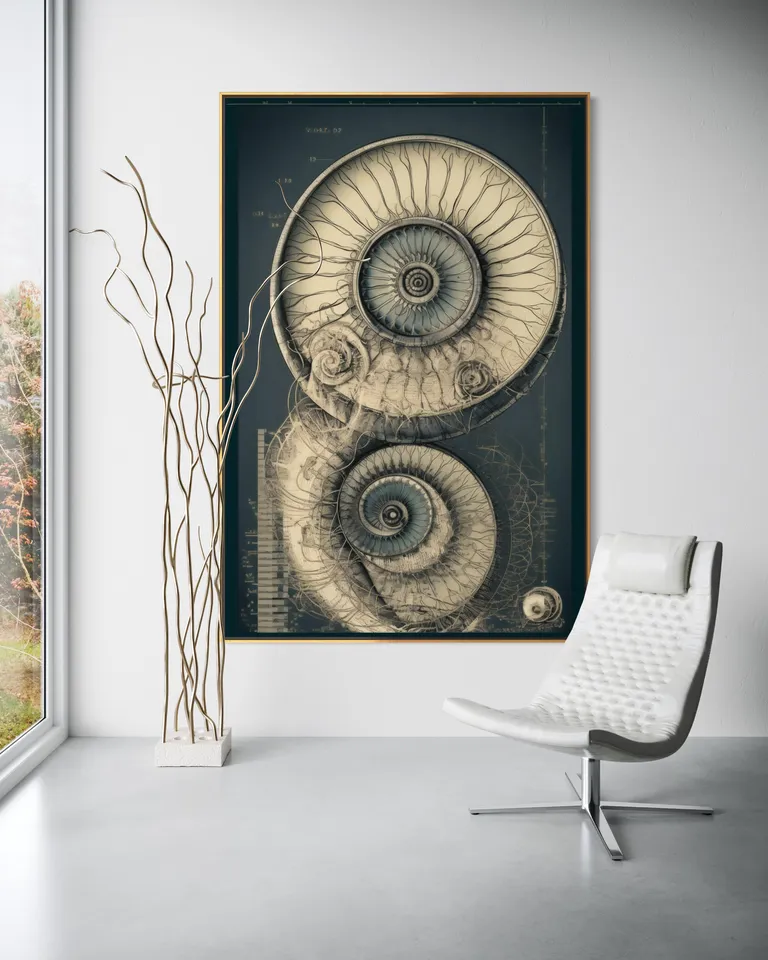 The Dual Engine of Creation as a framed print on a white wall – Blueprint art print, Fibonacci spiral wall art by RAGANA Design