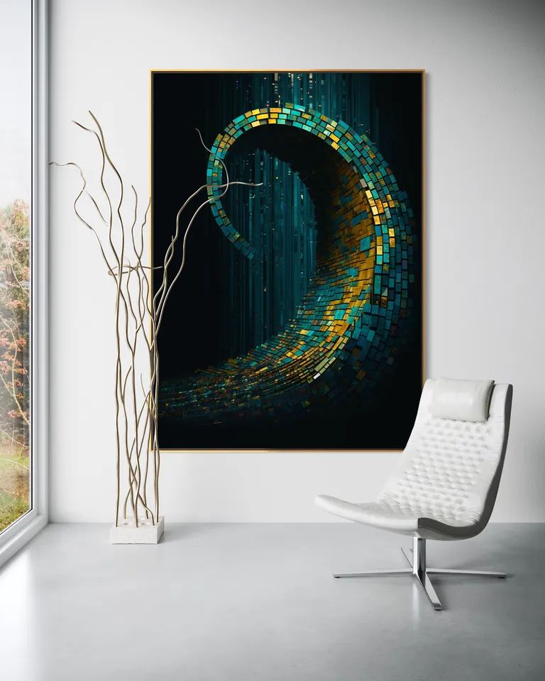 The Emerald Mosaic of Infinite Return as a framed print on a white wall – geometric wall art, golden spiral print by RAGANA Design