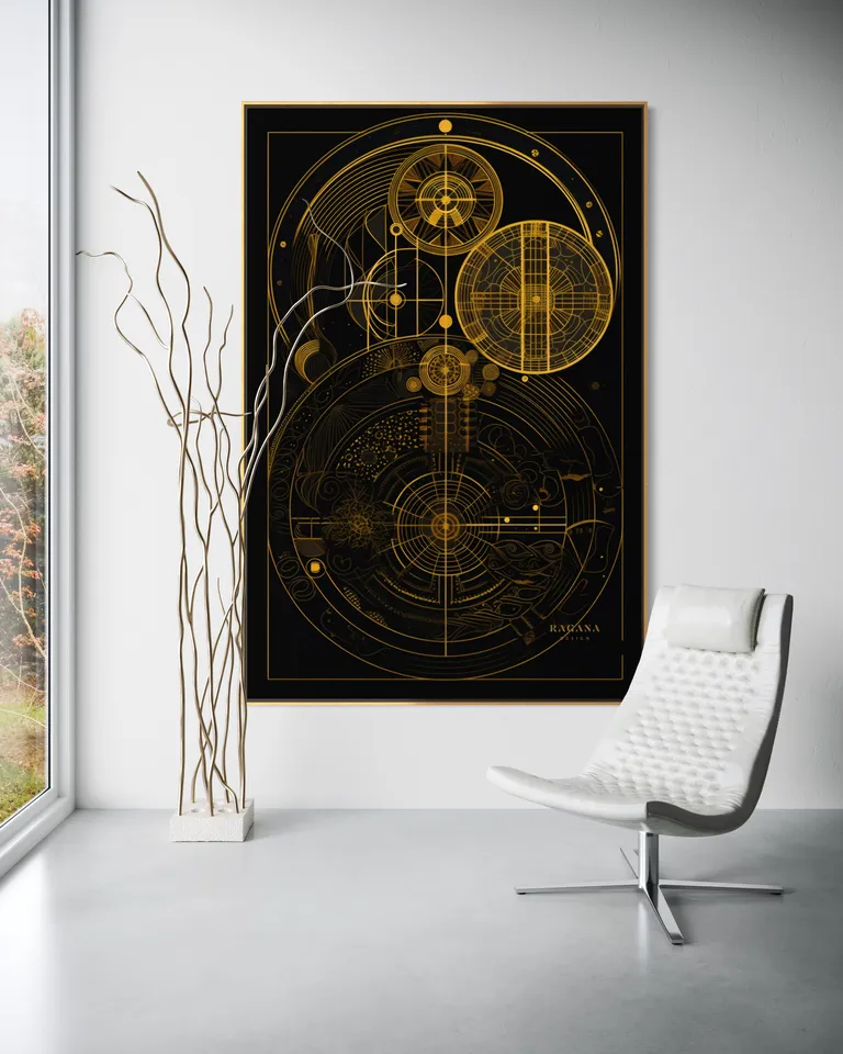 The Engineer's Astrolabe as a framed print on a white wall – gold wall art, golden spiral art print by RAGANA Design