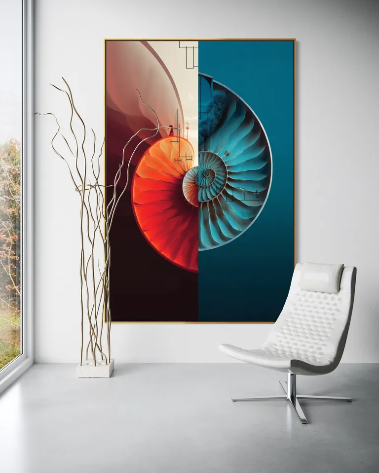 Vibrant Fibonacci as a framed print on a white wall – colourful geometric wall art, golden spiral print by RAGANA Design