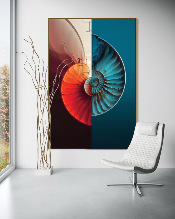 The Equinox of Dual Realities come stampa incorniciata su una parete bianca – quadro geometrico colorato, stampa spirale aurea di RAGANA Design