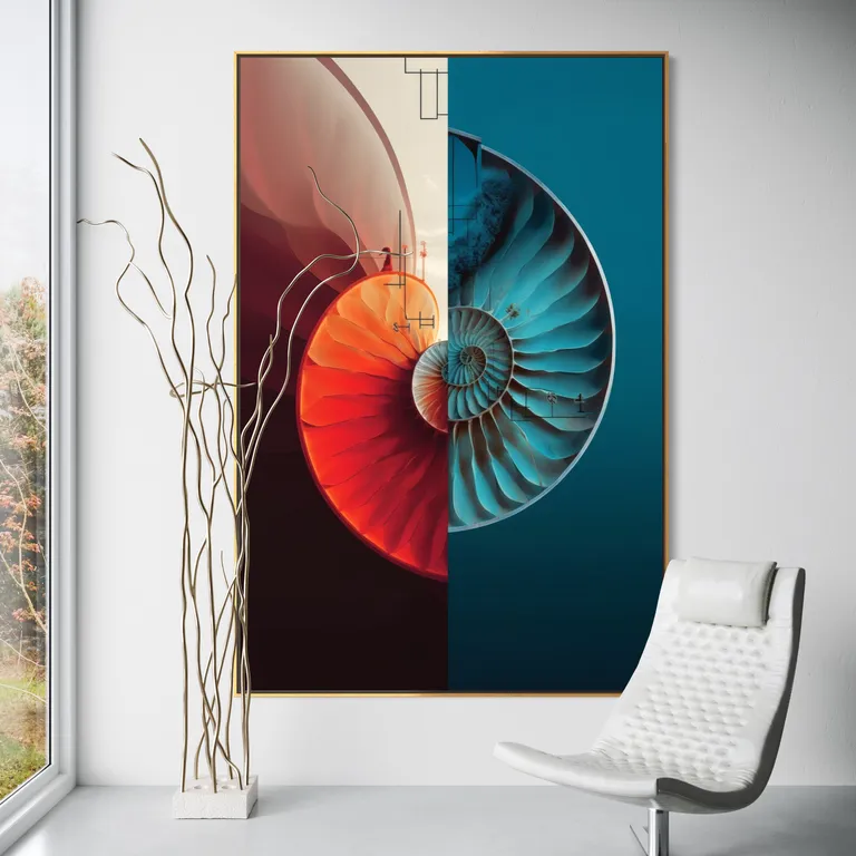 Vibrant Fibonacci II as a framed print on a white wall – colourful geometric wall art, golden spiral print by RAGANA Design