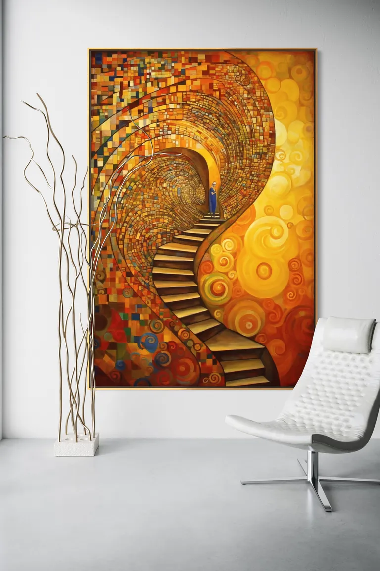 The Gilded Ascent as a framed print on a white wall – Klimt style gold wall art, Art Nouveau print by RAGANA Design