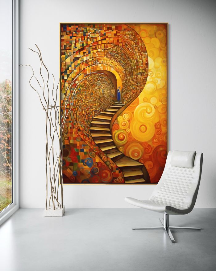 The Gilded Ascent as a framed print on a white wall – Klimt style gold wall art, Art Nouveau print by RAGANA Design