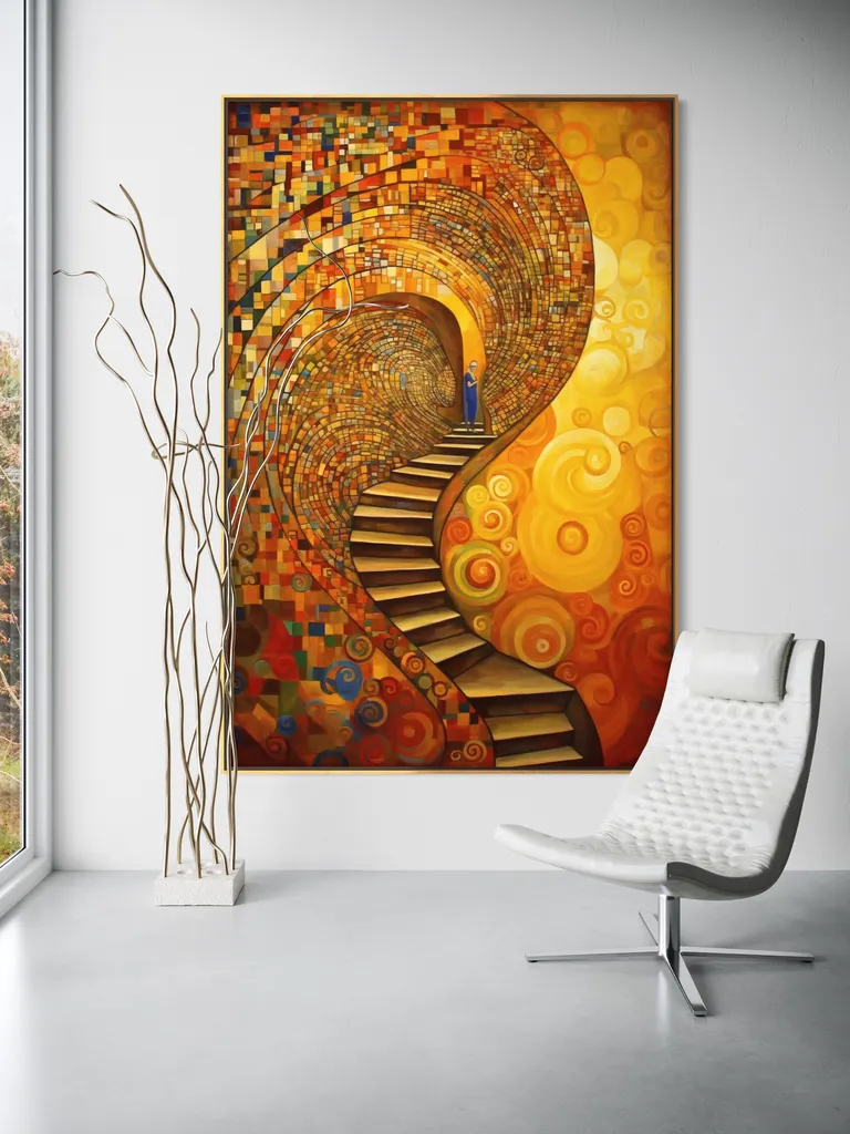 The Gilded Ascent as a framed print on a white wall – Klimt style gold wall art, Art Nouveau print by RAGANA Design