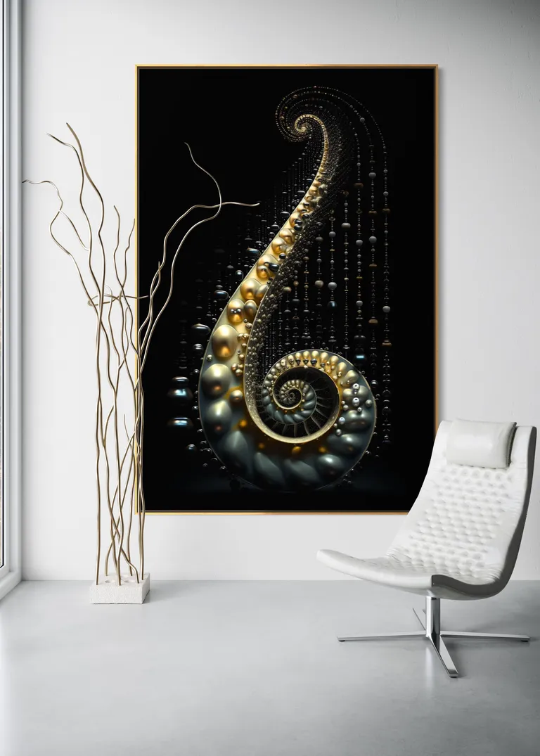 The Gilded Ascent as a framed print on a white wall – pearl wall art, nautilus shell print by RAGANA Design
