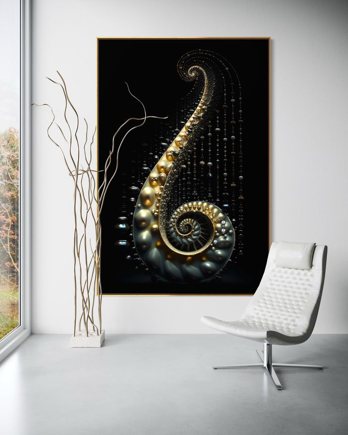 The Gilded Ascent as a framed print on a white wall – pearl wall art, nautilus shell print by RAGANA Design